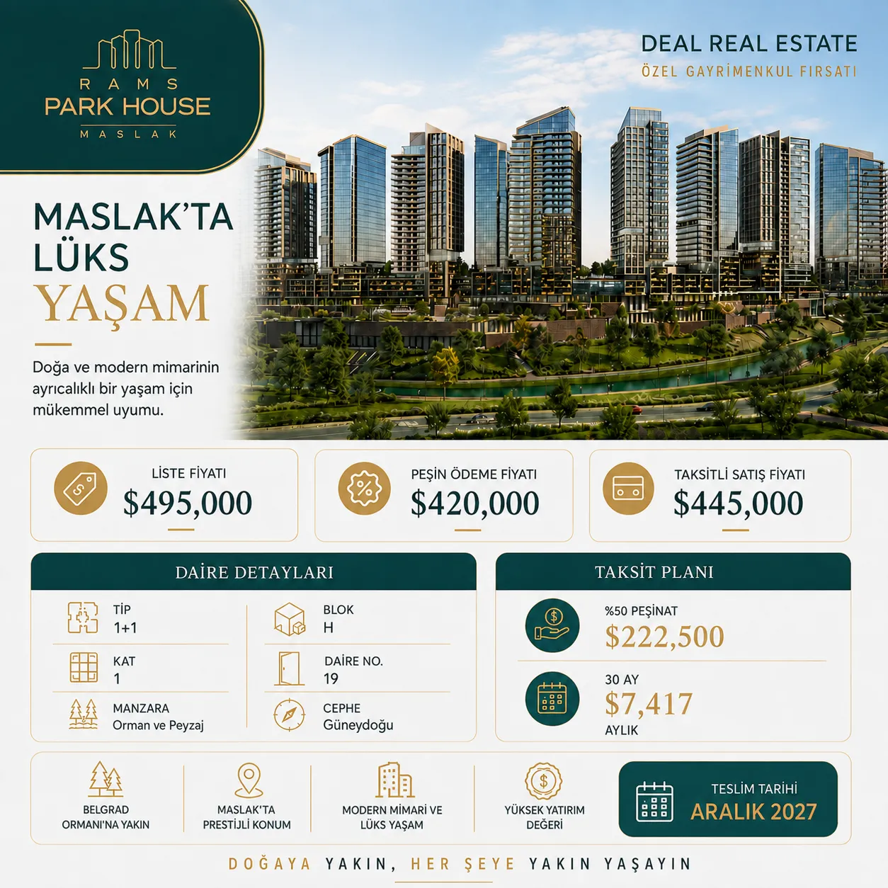 RAMS Park House Maslak’ta Satılık 1+1 Daire | 420.000 Dolardan